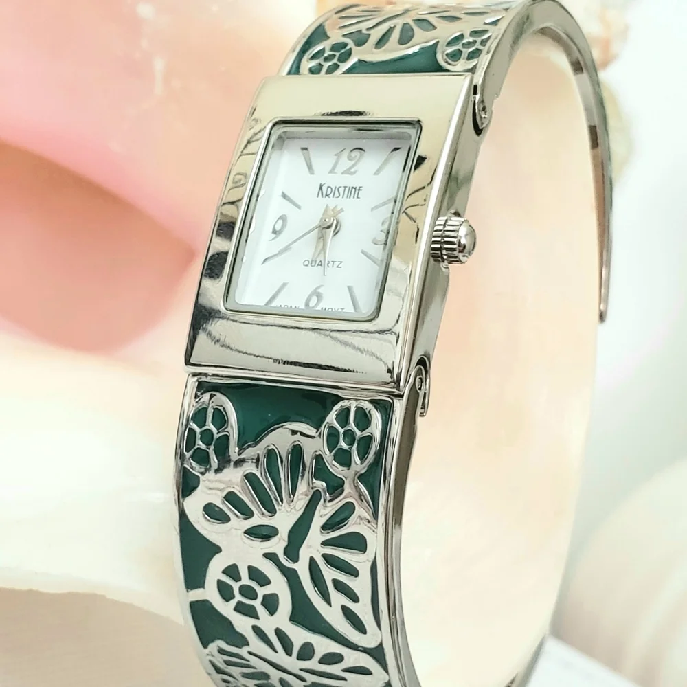 Green Kristine Engraved Butterfly Enamel Cuff Watch Silver Band Quartz